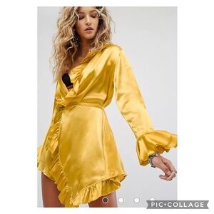 ASOS Sacred Hawk gold Satin Frilly Wrap Dress Size XS